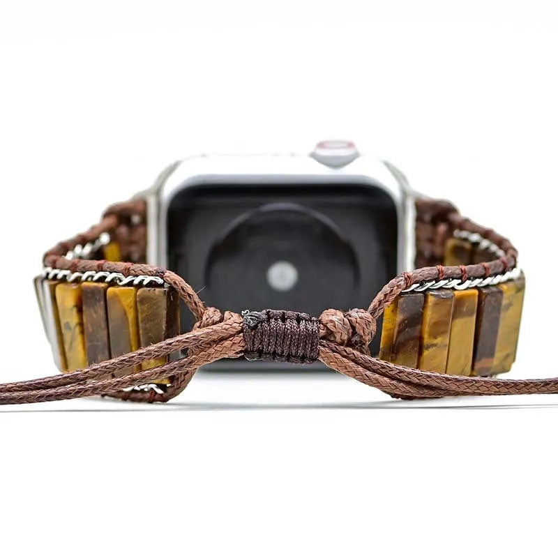 Men's rectangular tiger eye stone on a metal chain, attached to a brown adjustable textile watch strap.