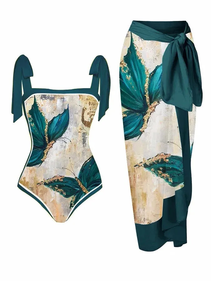 Women's printed floral chiffon swimsuit two-piece set with a matching skirt.