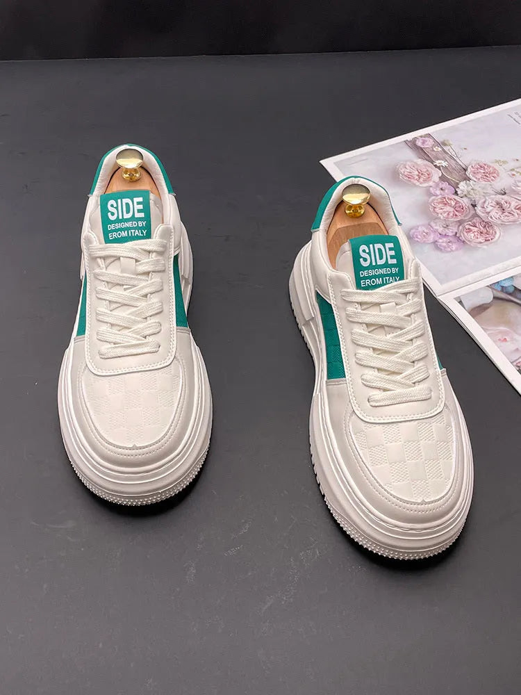 Unisex white sports casual shoes with cloth upper, rubber foam sole, and green or black accent details.