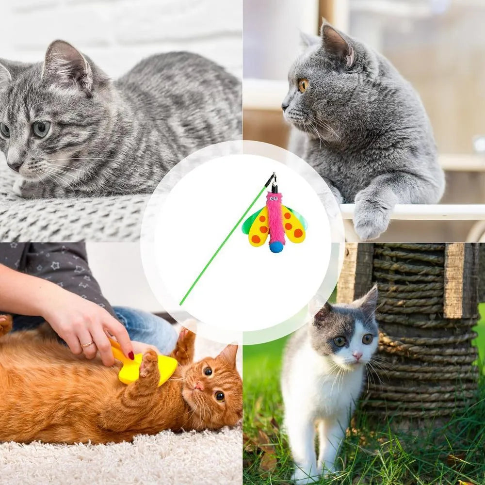 Blue cat wand toy with dragonfly attachment and bell on 49cm stick for interactive indoor cat play