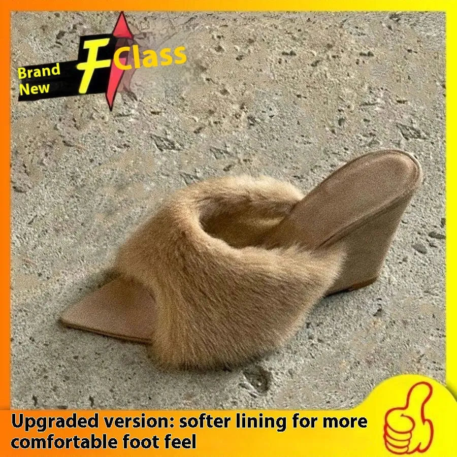Apricot French casual wedge slippers with artificial plush upper and rubber sole for height increase