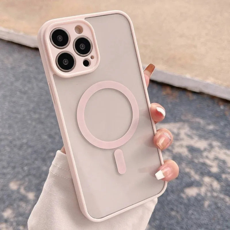 Magnetic transparent frosted hard PC phone case with TPU soft edge for iPhone in multiple colours