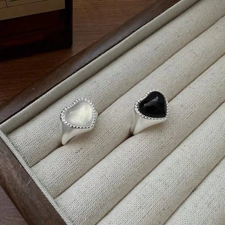 S925 sterling silver heart ring with black agate stone and adjustable opening