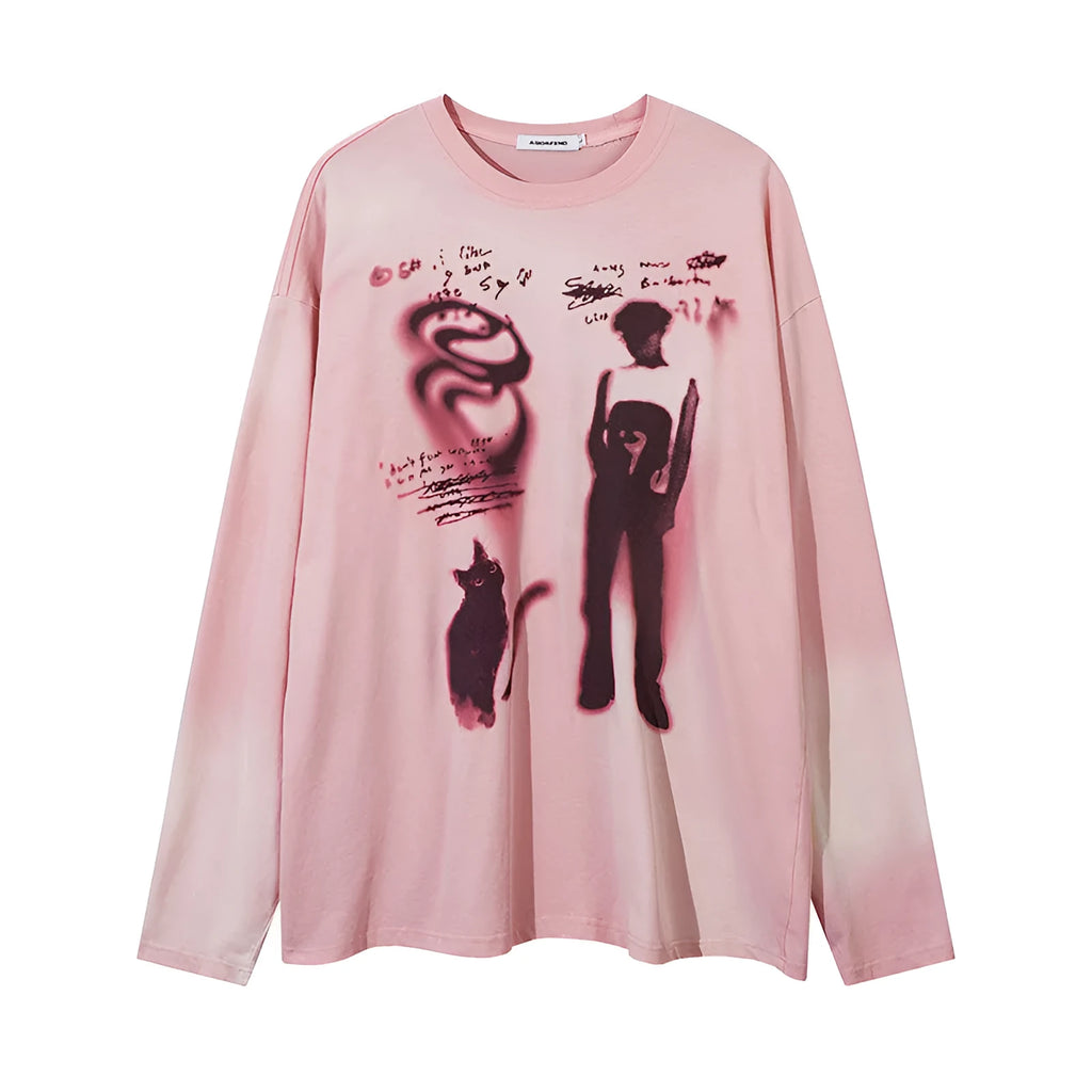Loose drop-shoulder sleeve cotton pullover top with letter pattern in dark grey