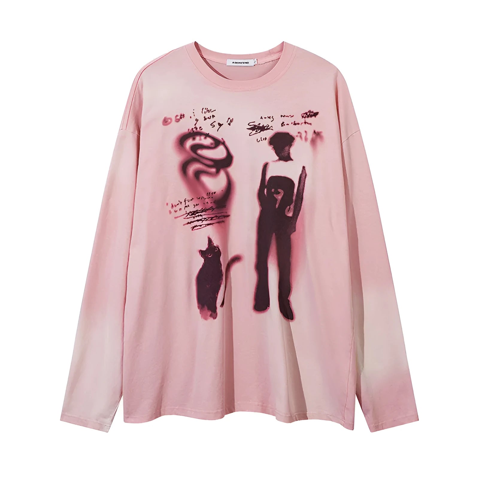 Loose drop-shoulder sleeve cotton pullover top with letter pattern in dark grey