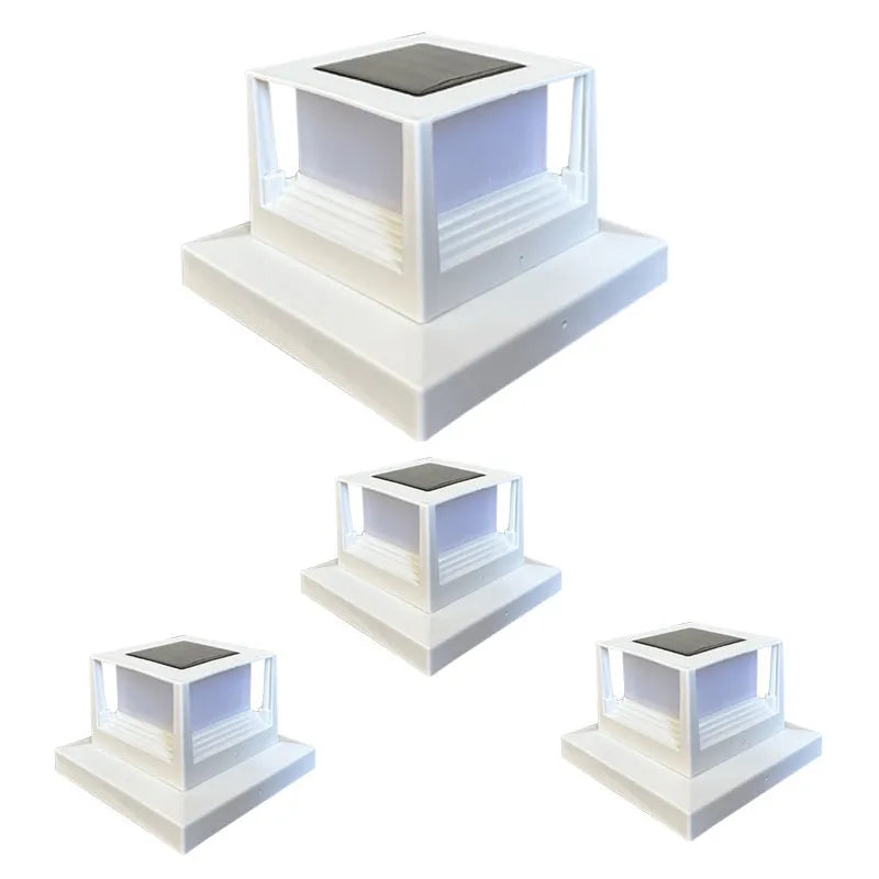 Outdoor solar pillar lamp, IP44, 160mm x 160mm x 110mm, abstract design, available in Black or White for courtyard and garden use.