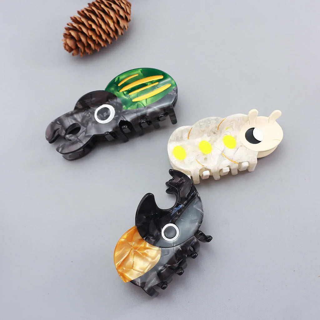 Handmade cellulose acetate beetle hair clip with cartoon insect design in green, orange, or white