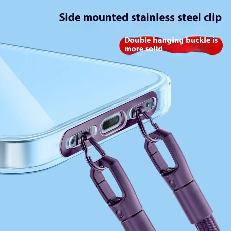 Stainless steel mobile phone lanyard with double buckle gasket and side hanging clip in electroplated metal finish