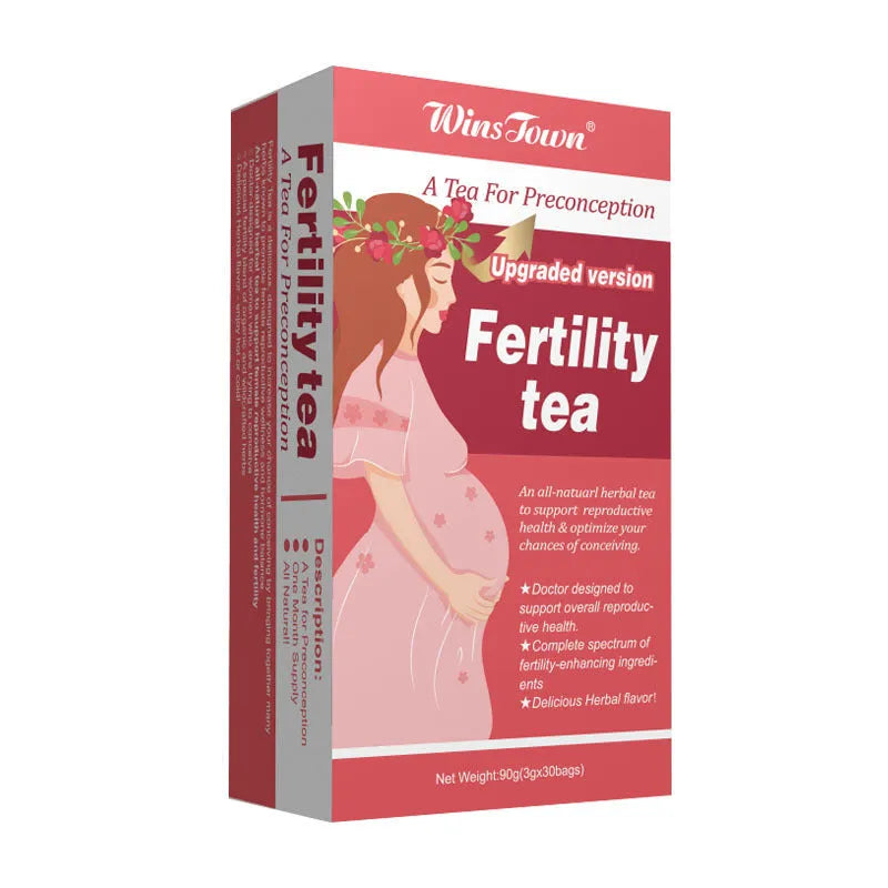 Box of fertility tea containing three packs of thirty herbal tea bags for women's reproductive health support.