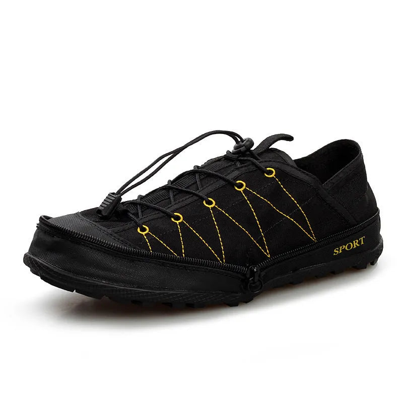 Orange, black, and grey portable folding outdoor shoes with side zip, shown in a compact state.