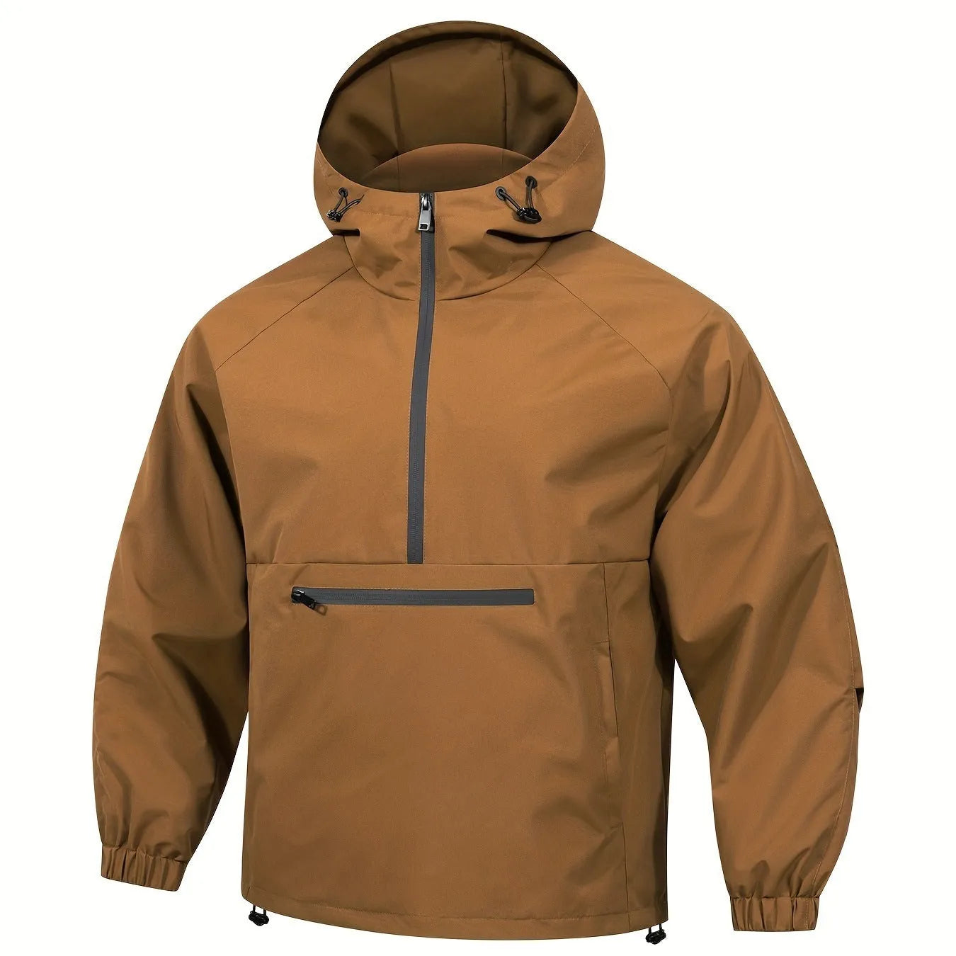 Man wearing a light grey loose-fit corduroy half-zip hooded jacket in Korean style.