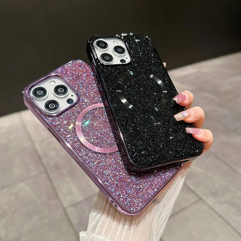 Luxury rhinestone magnetic TPU phone case for Apple iPhone, electroplated finish, pink colour
