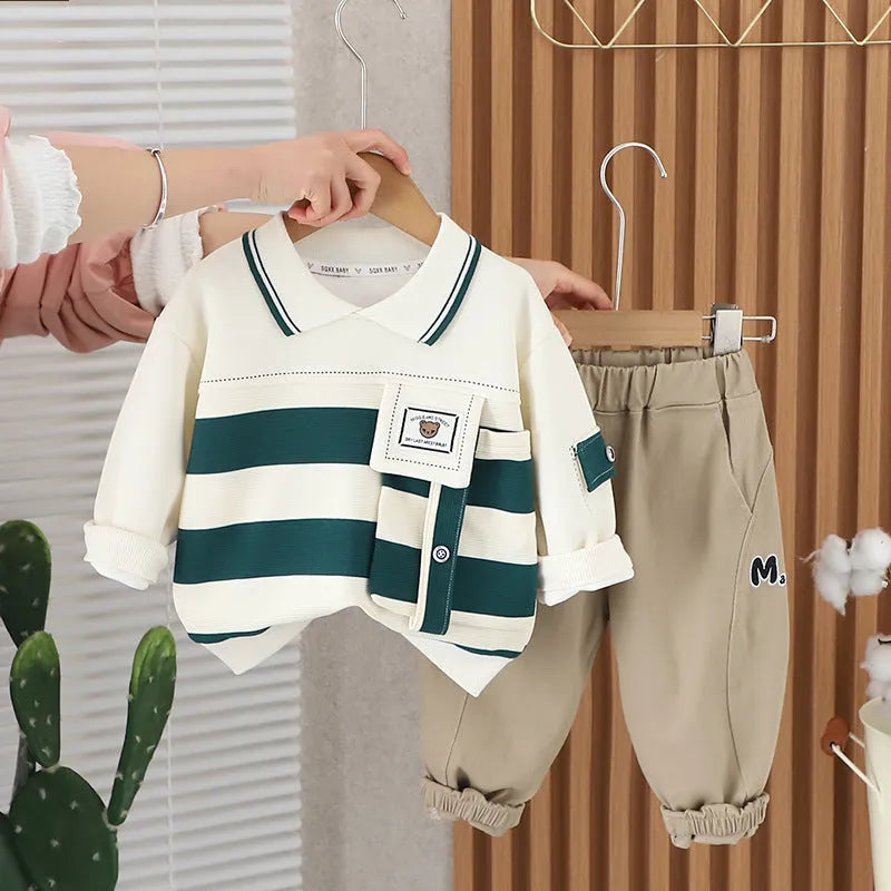 Boys and girls striped cotton two-piece suit set with large pocket and lapels in green, black, or brown