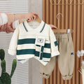 Boys and girls striped cotton two-piece suit set with large pocket and lapels in green, black, or brown