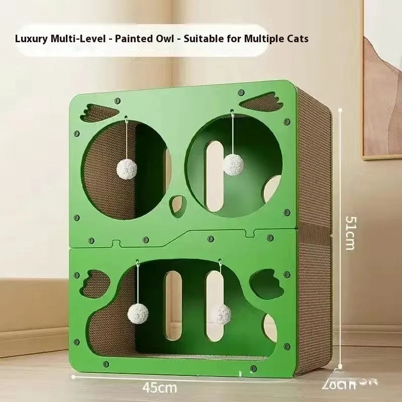Double layer cat scratching board and nest combination with wear-resistant surface in owl design style