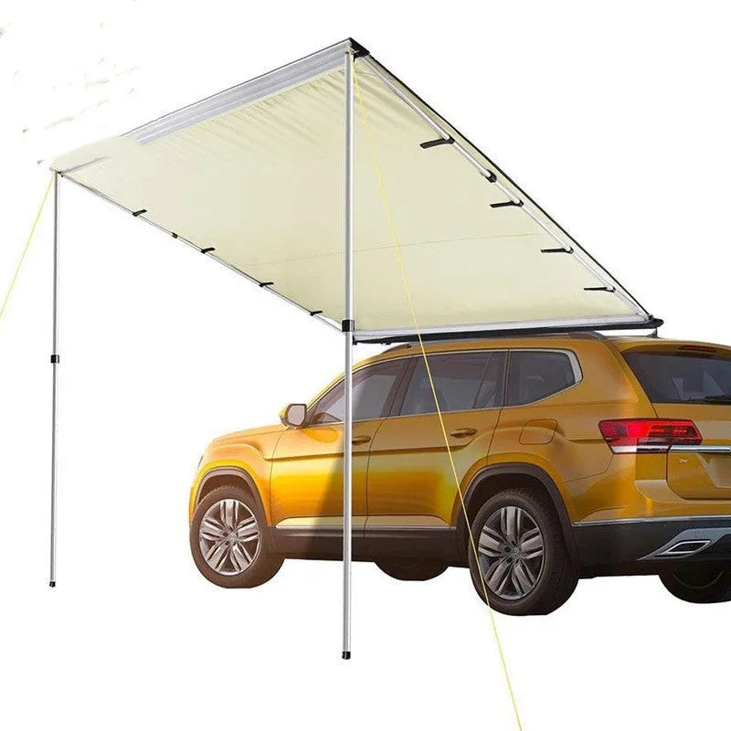 Black waterproof camping tent with aluminum alloy poles set up outdoors