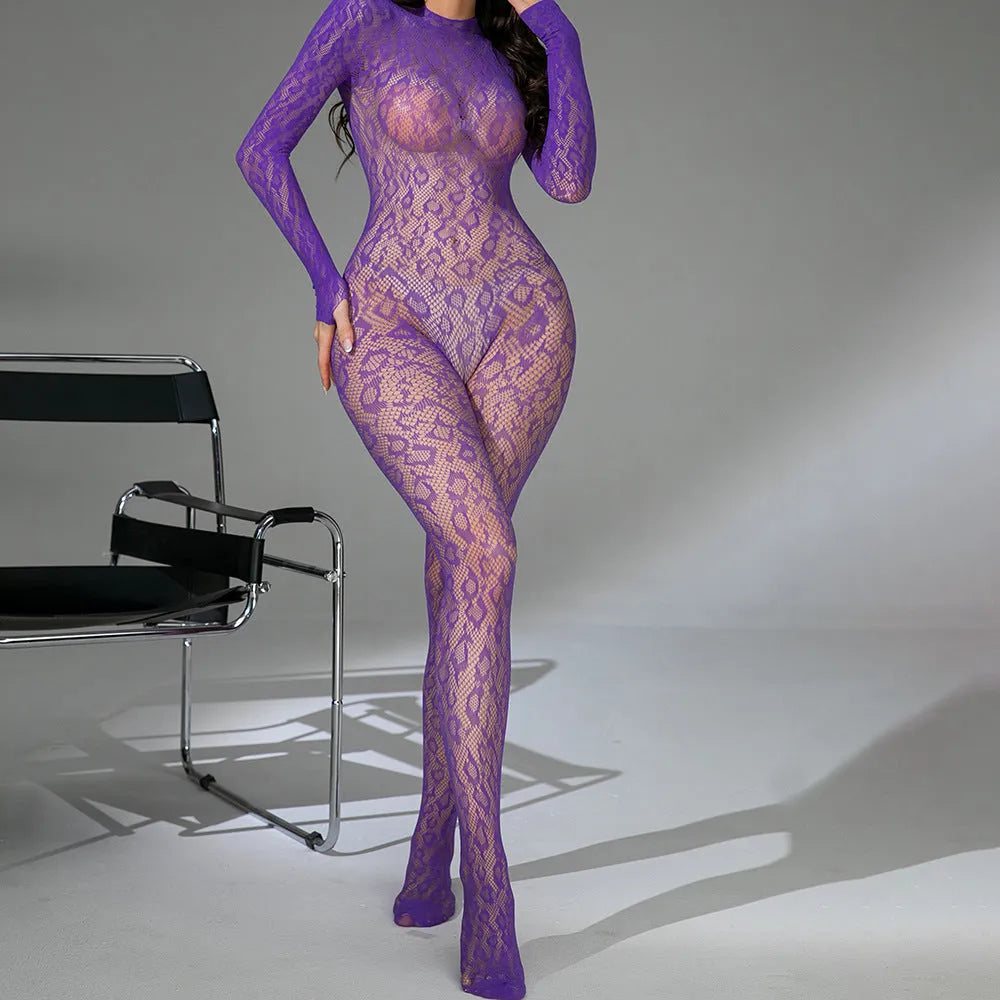 Black fishnet lingerie bodysuit with long sleeves and backless jacquard detail