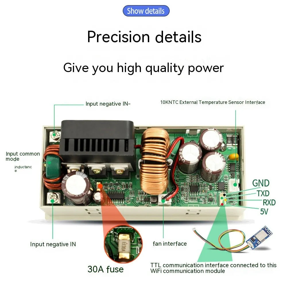 CNC adjustable step-down module with 1200W power rating, 0-60V output, and WiFi option