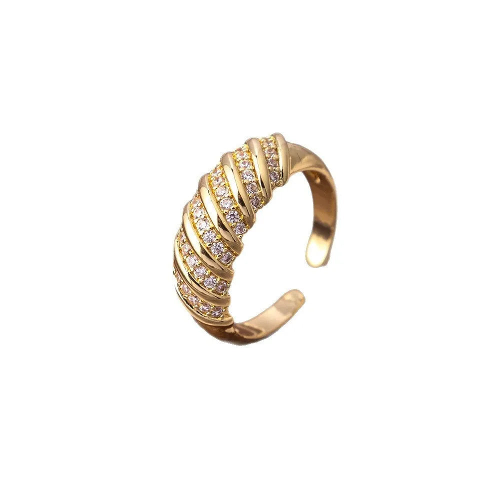 Copper open mouth ring with zircon ornament, adjustable U-shaped design, electroplated J-060 gold finish on grey background