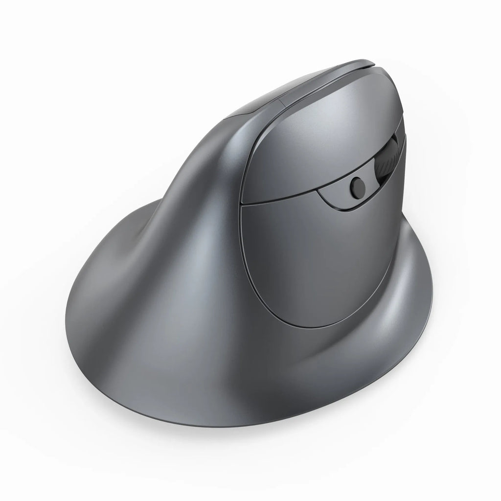 Grey vertical ergonomic wireless mouse with Bluetooth connectivity for laptop use
