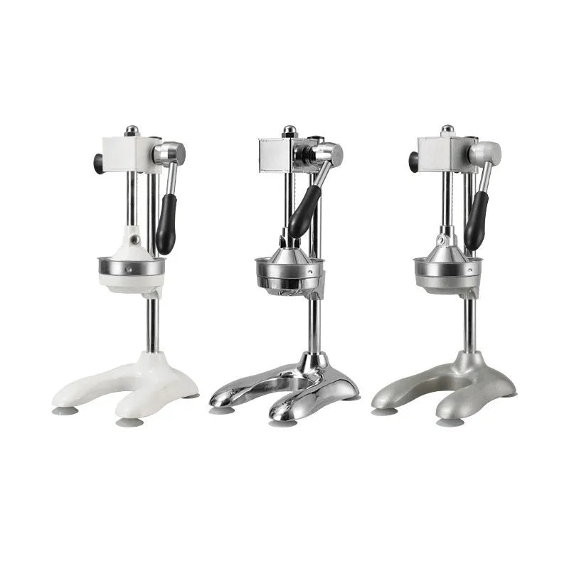 Vertical stainless steel manual juicer with lever, shown in multiple colour and head style options.