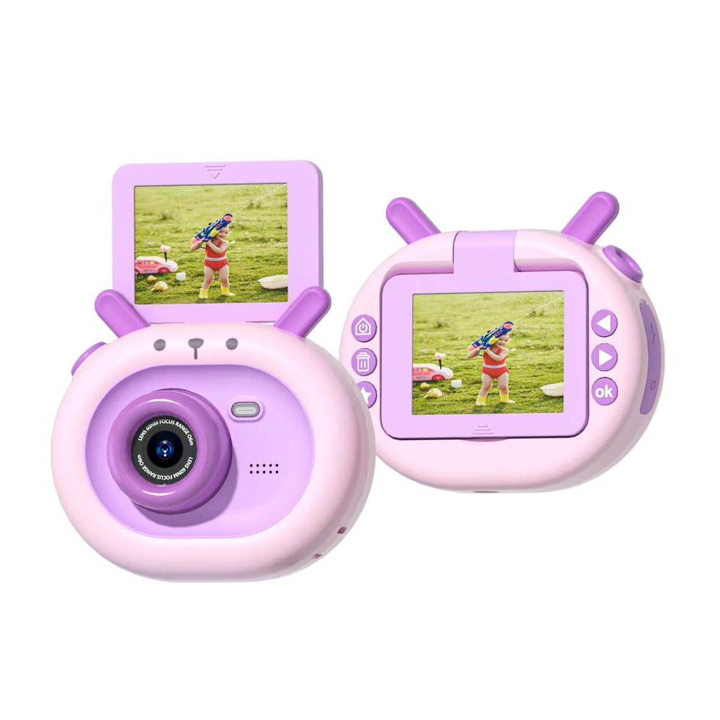 Purple and dark green children's digital camera with flip screen, silicone case, and carry lanyard.