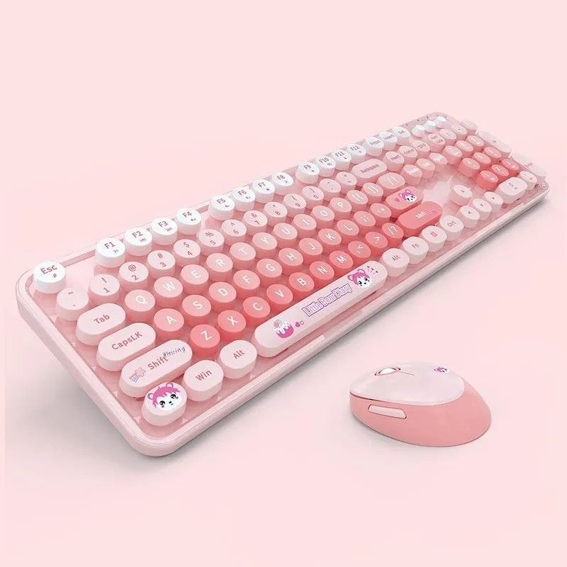 Wireless keyboard and mouse set in a mixed colour design on a desk.