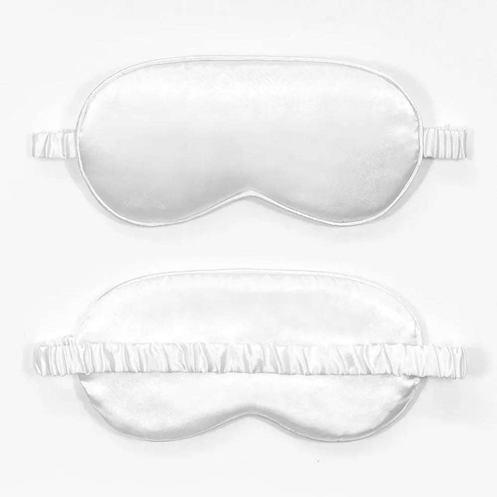 Double-sided rayon elastic satin sleep mask shown in multiple colour options including black, sky blue, and wine red.