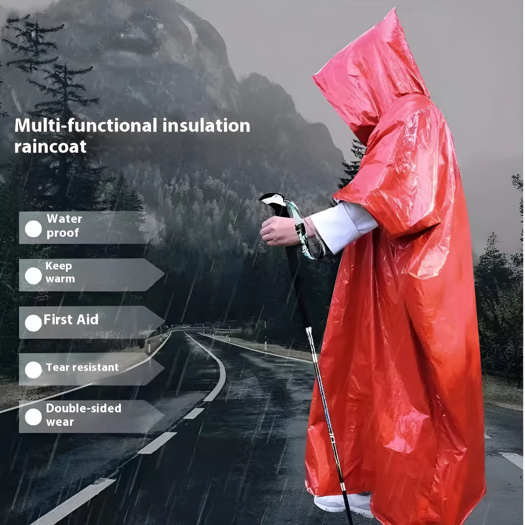 Large orange and army green waterproof raincoat for cross-country running and marathon training.