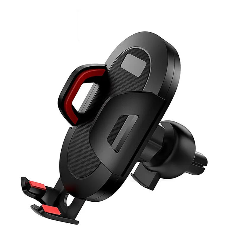 Auto-lock car phone holder mounted on air vent with smartphone