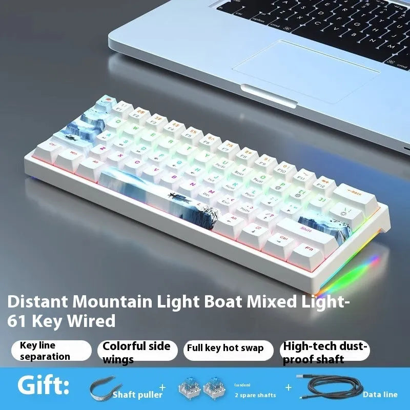 61-key bluish-black and white mechanical keyboard with hot-swap switches on desk