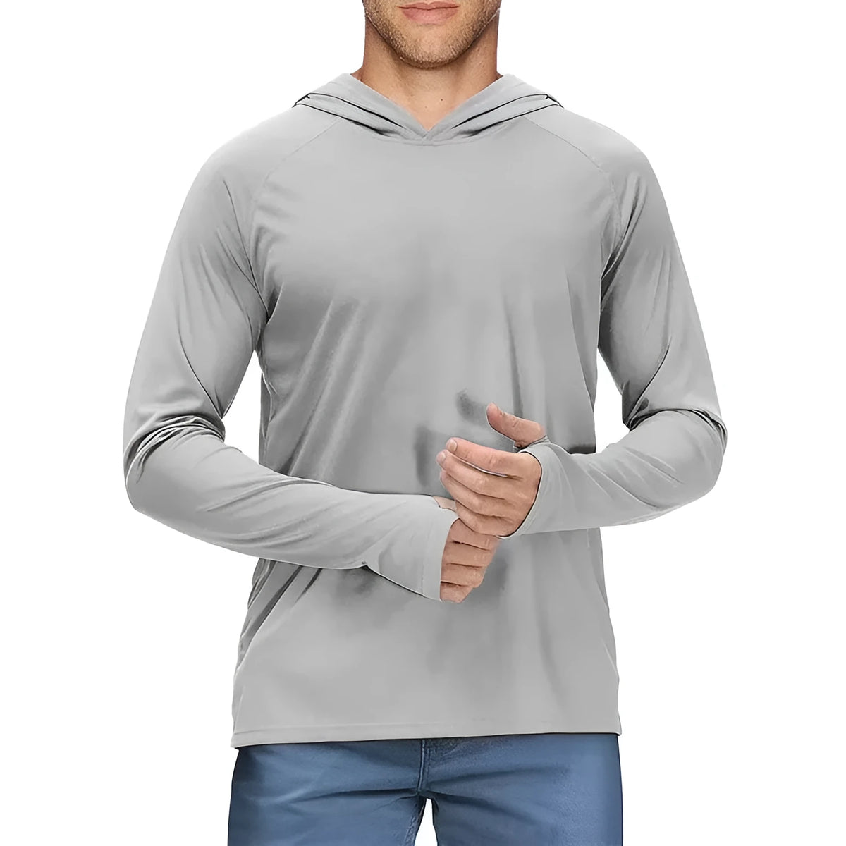 Men's long sleeve hooded workout sweater in sky blue polyester pique, loose fit for running and fitness.