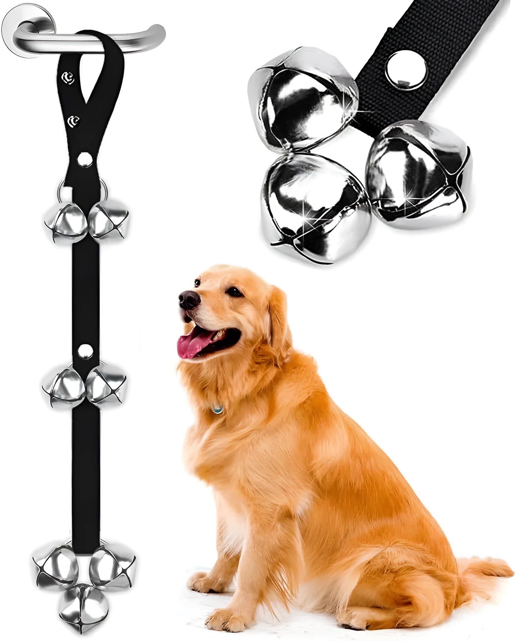 Seven silver metal dog training bells on a black adjustable nylon strap hanging from a door handle.