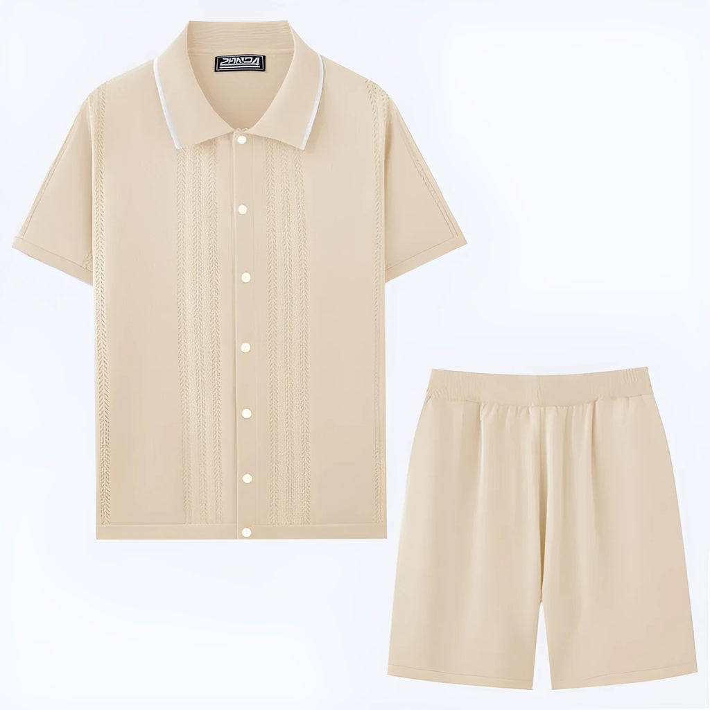 Men's khaki Tencel two-piece casual set with short sleeve top and matching shorts