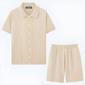 Men's khaki Tencel two-piece casual set with short sleeve top and matching shorts