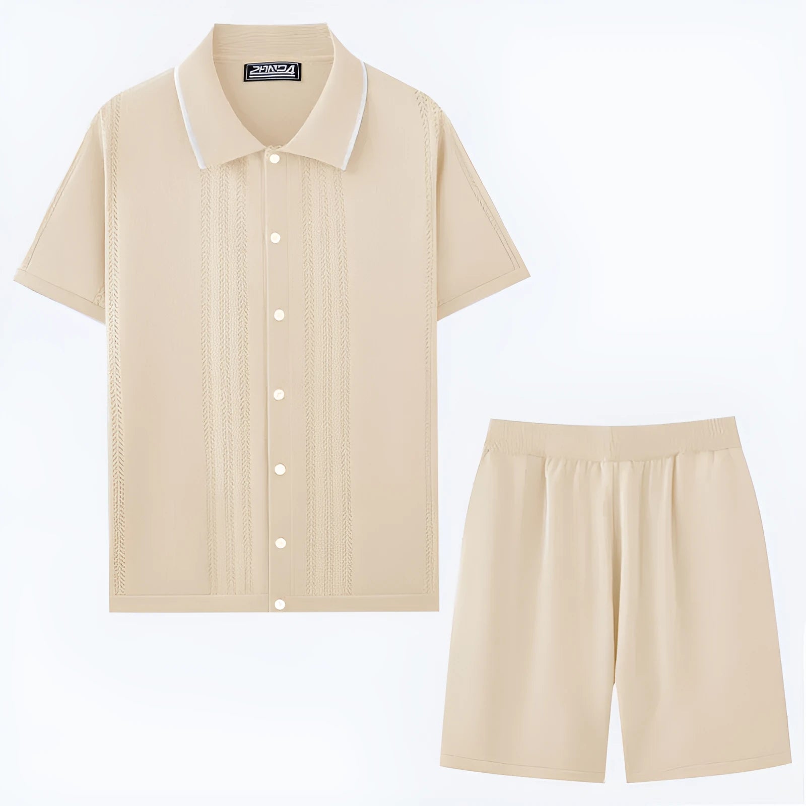 Men's khaki Tencel two-piece casual set with short sleeve top and matching shorts