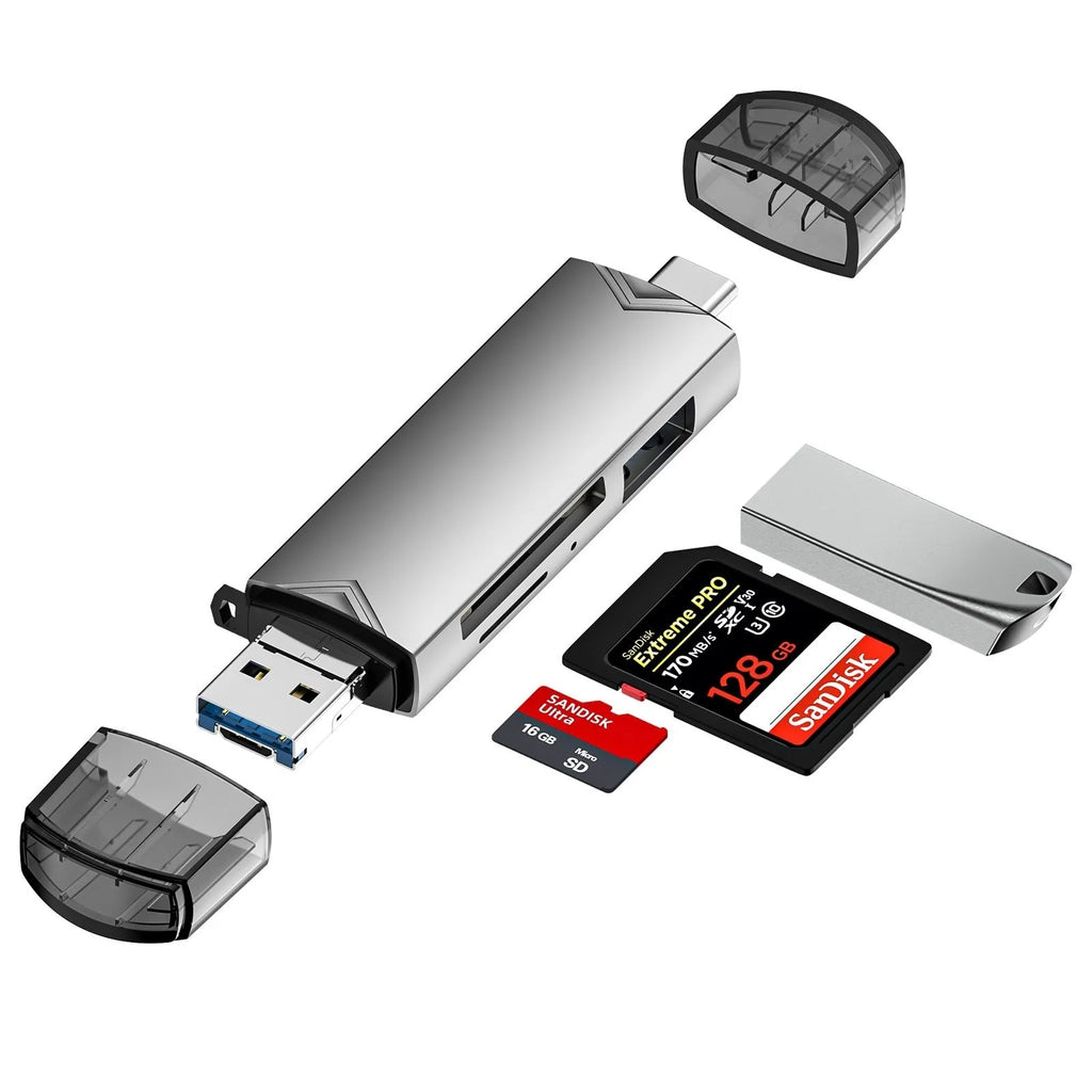 USB30 multi-functional card reader in silver aluminium alloy with SD and TF slots
