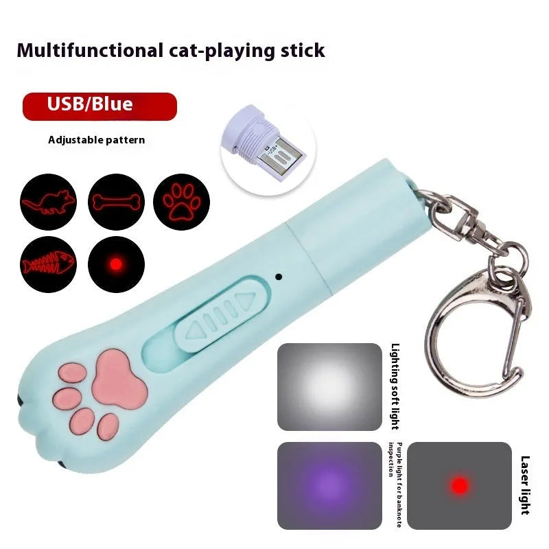 Infrared charging cat teasing stick with laser patterns and LED moonlight lamp in blue colour