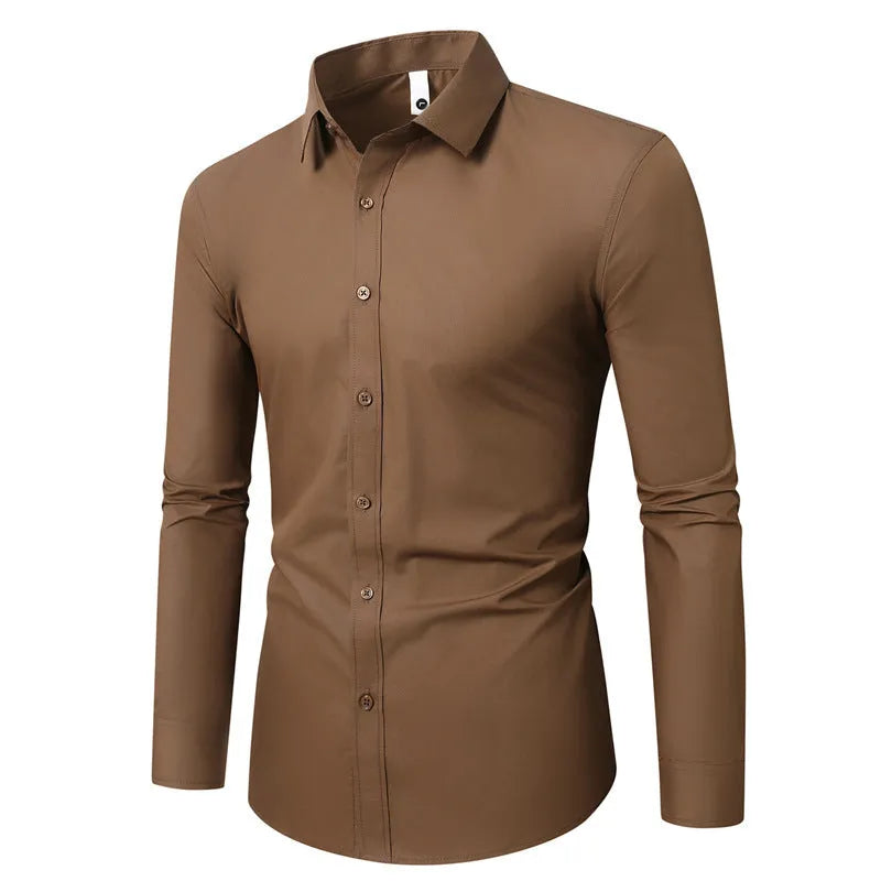 Man's loose fit linen long sleeve shirt in a slim, trendy style on a hanger.