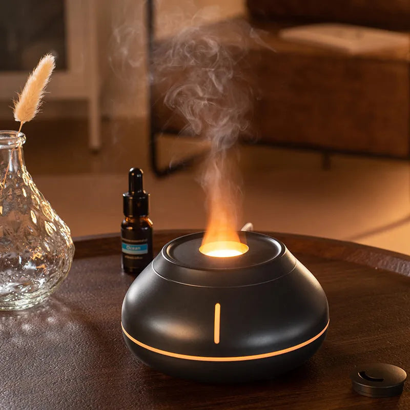 Round resin flame effect humidifier aroma diffuser with colourful LED light, 130ml tank, button control, white or black