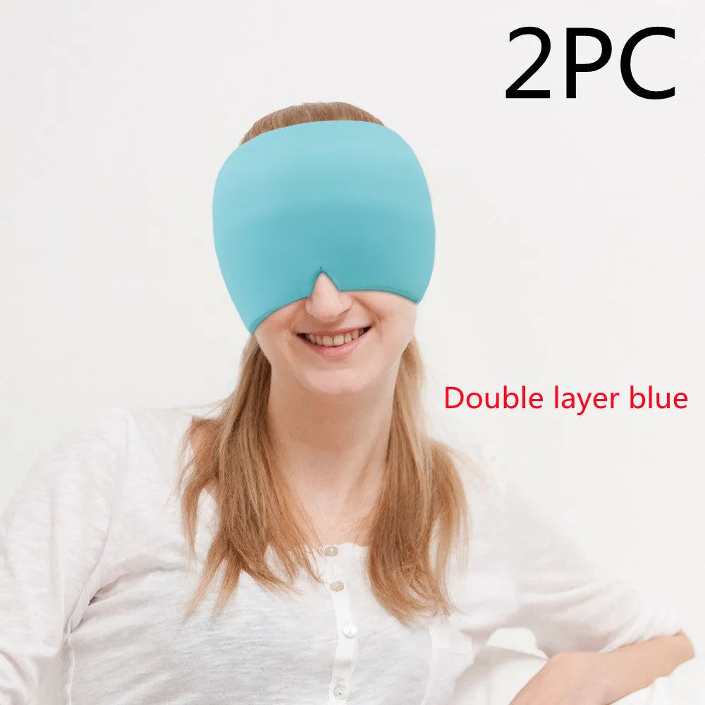 Black elastic ice gel headache relief eye mask shown on a mannequin head, adjustable for 42-66cm circumference.