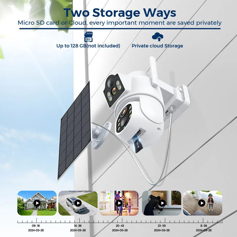 Outdoor solar-powered wireless security camera with solar panel in black and white colour option