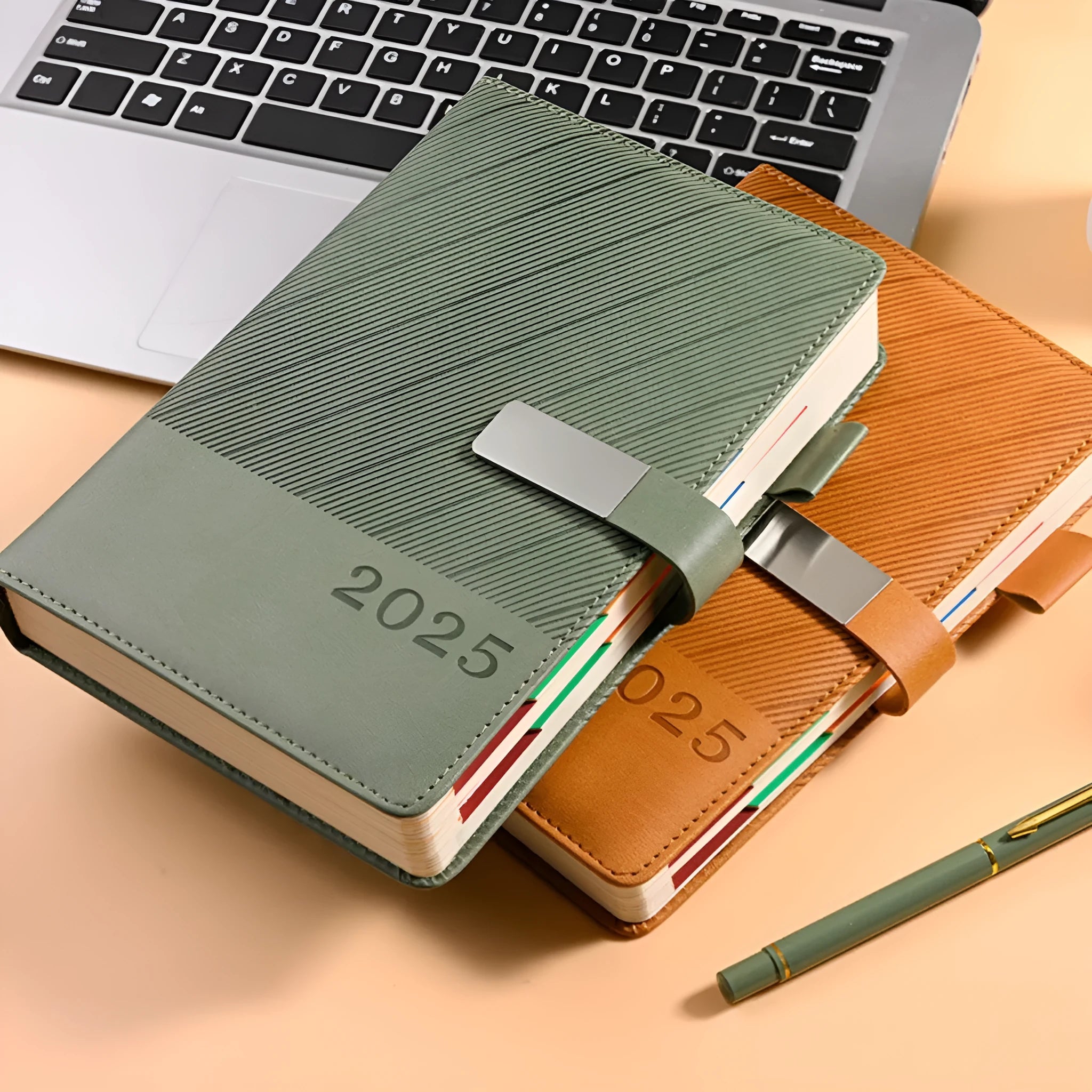 A5 PU leather business notebook in selected colour, open on 80g paper with 408 pages.