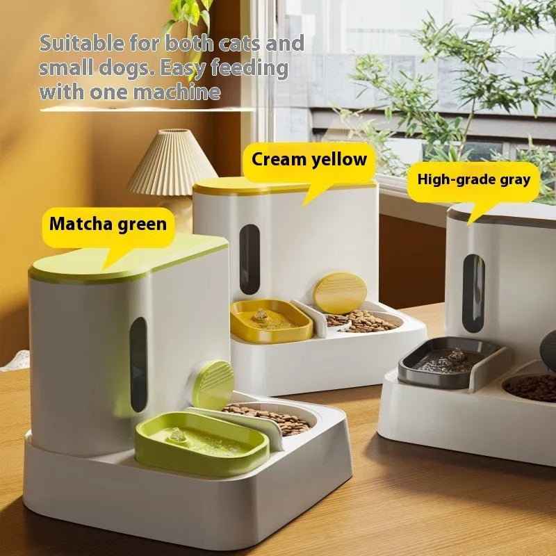 Grey cat automatic feeder and water dispenser station with integrated double bowls.