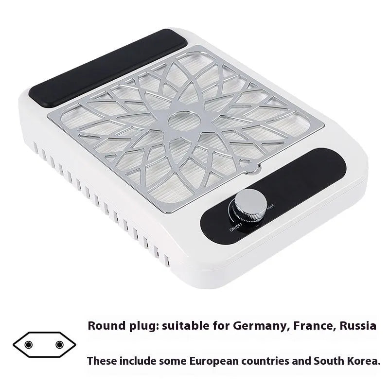 White nail dust collector with adjustable speed controls and replaceable filter net for salon use