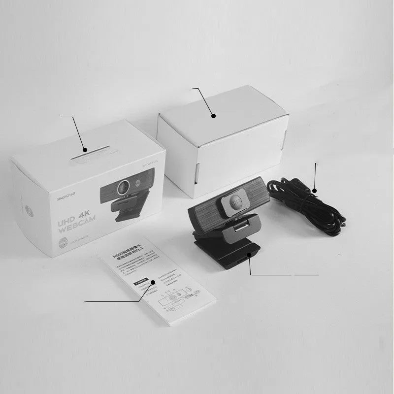Black USB web camera with magnetic privacy cover on a 1.7 metre cable for 4K video conferencing.