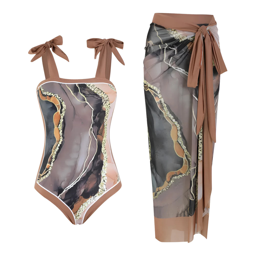 Floral mesh tube top conservative bikini swimsuit with matching skirt in polyester fabric
