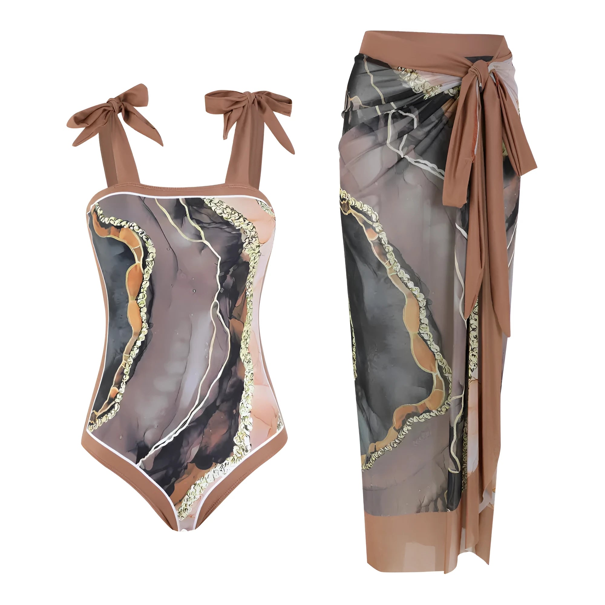 Floral mesh tube top conservative bikini swimsuit with matching skirt in polyester fabric
