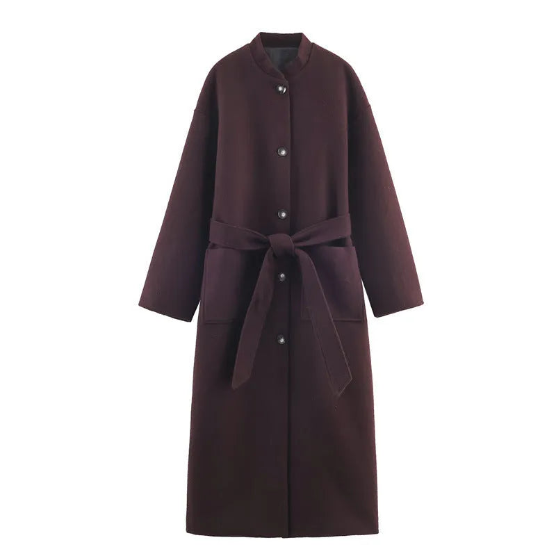 Long belted coat for women in brown or khaki with regular fit, long sleeves and pockets