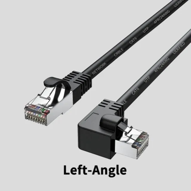 Cat6 Ethernet cable with a black right-angled RJ45 metal connector shown alongside other colour variants.